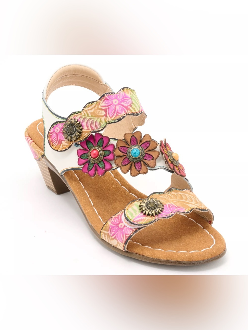 Spring Step Floral Appliqué Sandal - Pink, Tan & Turquoise